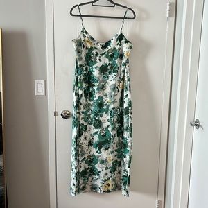 Lucky Brand satiny midi slip dress - green yellow & white pattern. Size XL